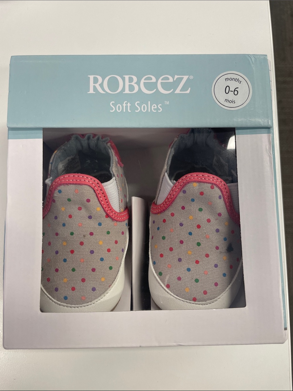 Robeez Soft Sole Slip-On Shoes in White with Multicolor Polka Dots and Pink Trim